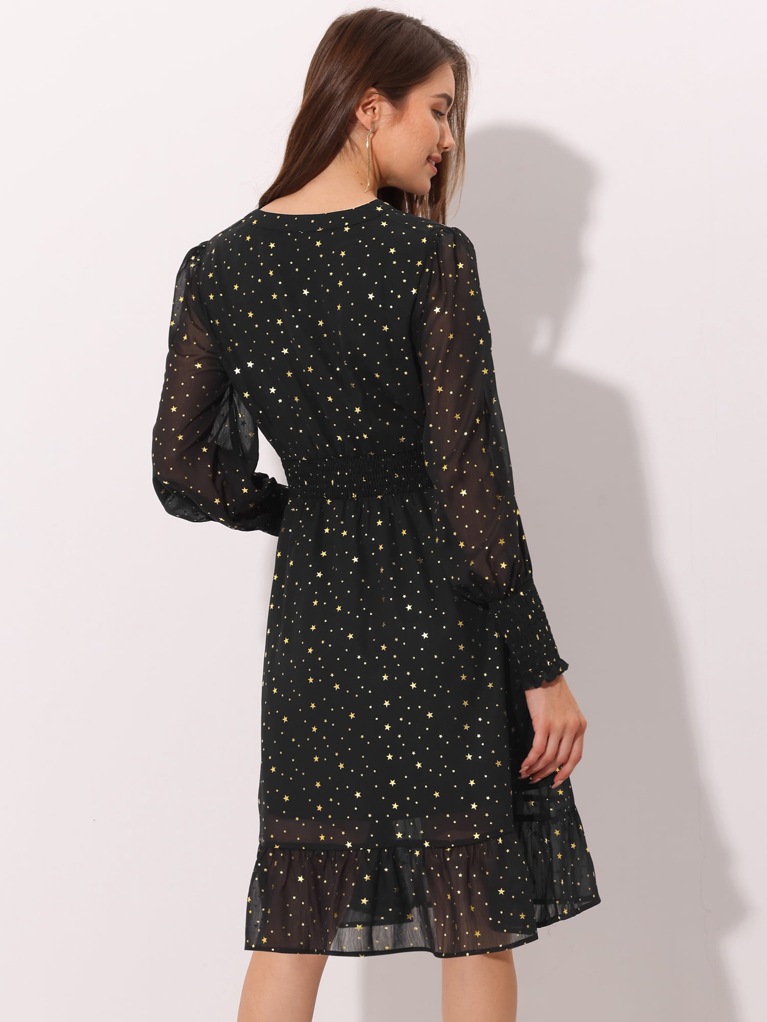DARING DIVA Button Up Smocked Chiffon Metallic Star Dress S Black-Star