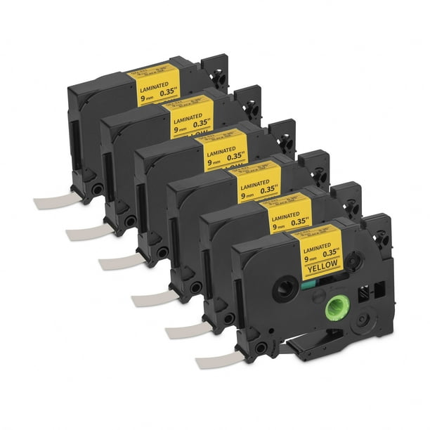 Cinta de etiquetas Qian QZe-621, 6 pack laminadas 9 mm de ancho 8 m de largo, Negro/Amarillo, compatible con Brother P-Touch TZe HSe, resistente al agua y desgaste