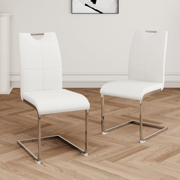 FFZ Modern Dining Chairs Set of 2 with Faux Leather Seat and Chrome Metal Legs, White Silver