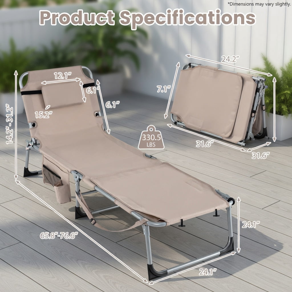 Hommoo Portable Folding Tanning Chair with Adjustable Backrest, Face Hole & Arm Openings, Lightweight Sunbathing Lounger for Beach, Pool & Backyard, Beige