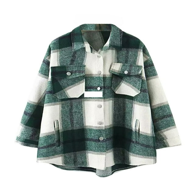 CNKOO Women Plaid Button Jacket Oversize Long Sleeve Coat Lapel Outwear