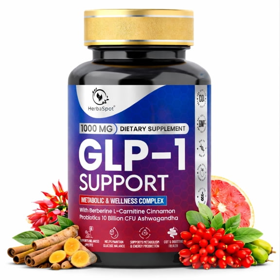G-L-P-1 Wellness Supplement by HerbaSpot with Berberine, L-Carnitine & Ashwagandha, Probiotics 10 Billion CFU for Daily Digestive & Energy Support - 1000 mg - 60 Capsules