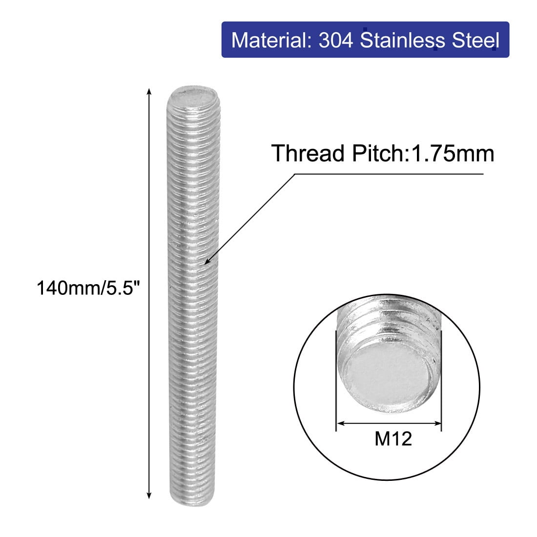 Unique Bargains M12 x 140mm Metric Right Hand Thread Fully Threaded Rod Stud Fastener 5Pcs