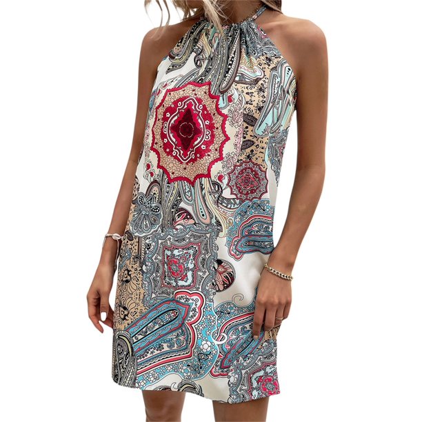 VISgogo mujeres verano Casual Mini vestido Vintage estilo étnico estampado cuello Halter vestido sin mangas moda playa vacaciones vestido VISgogo moda