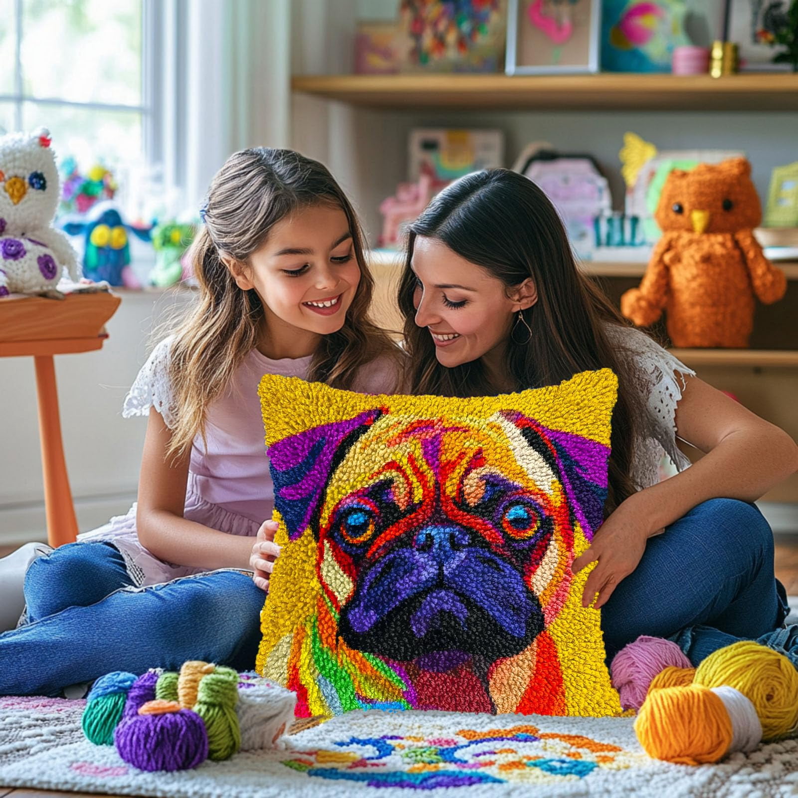 Pug Dog Colored DIY Latch Hook Pillow Kits for Adults Printed Pillowcase Crochet Yarns Hooking Handmade Pillow Cover Cushion for Home Sofa Decoration 17x17inch