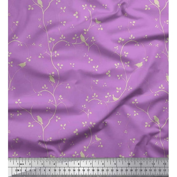 Soimoi Cotton Voile Fabric Branches,Leaves & Bird Printed Craft Fabric by the Yard 56 Inch Wide