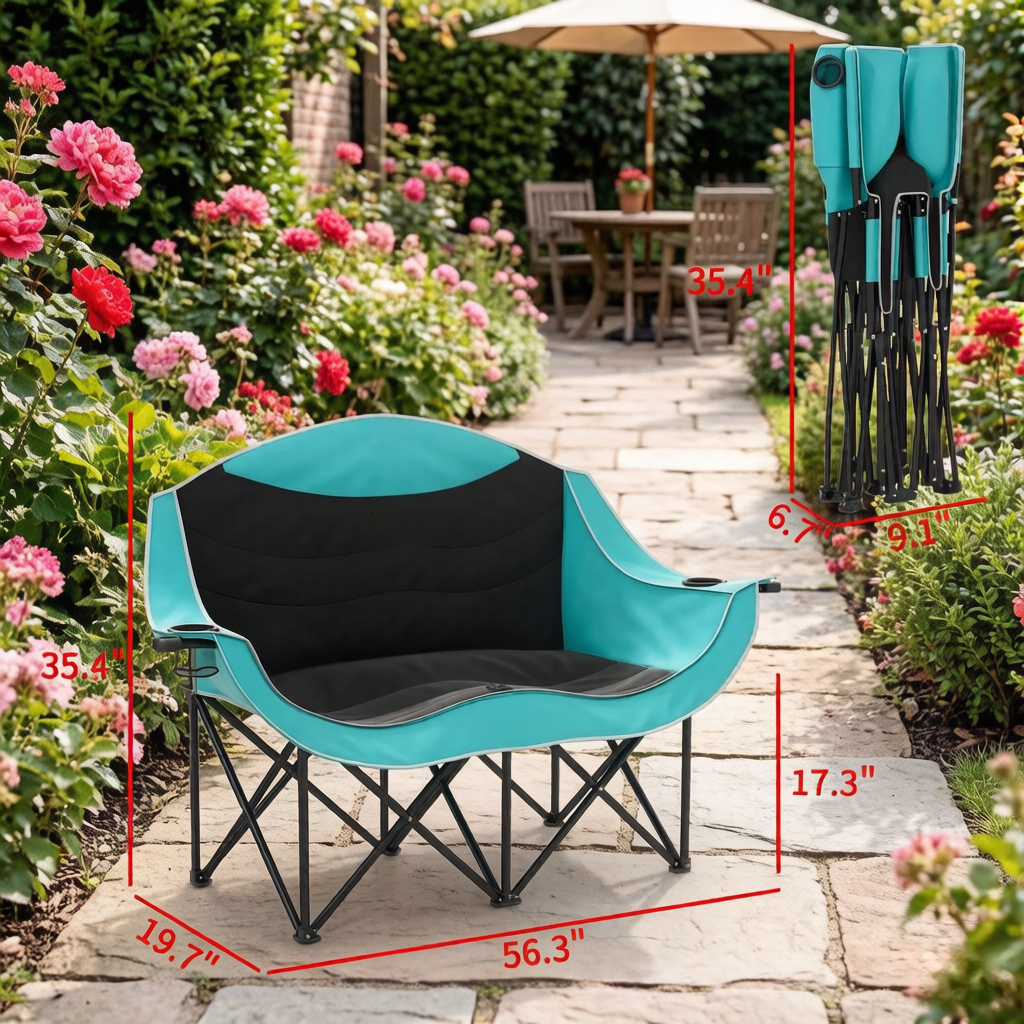 2-Person Folding Camping Loveseat, 550 LBS Capacity 600D Oxford Fabric Outdoor Chair with Cup Holders & Carry Bag, No Assembly for Camping Hiking Patio