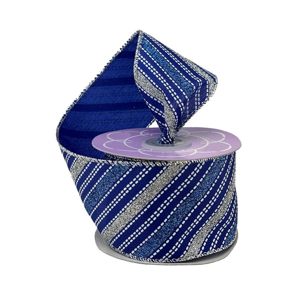 Royal Blue Silver Wired Ribbon - 2 1/2" x 10 Yards, Glitter Stripes, Christmas, Hanukkah, Garland, Gifts, Wreath