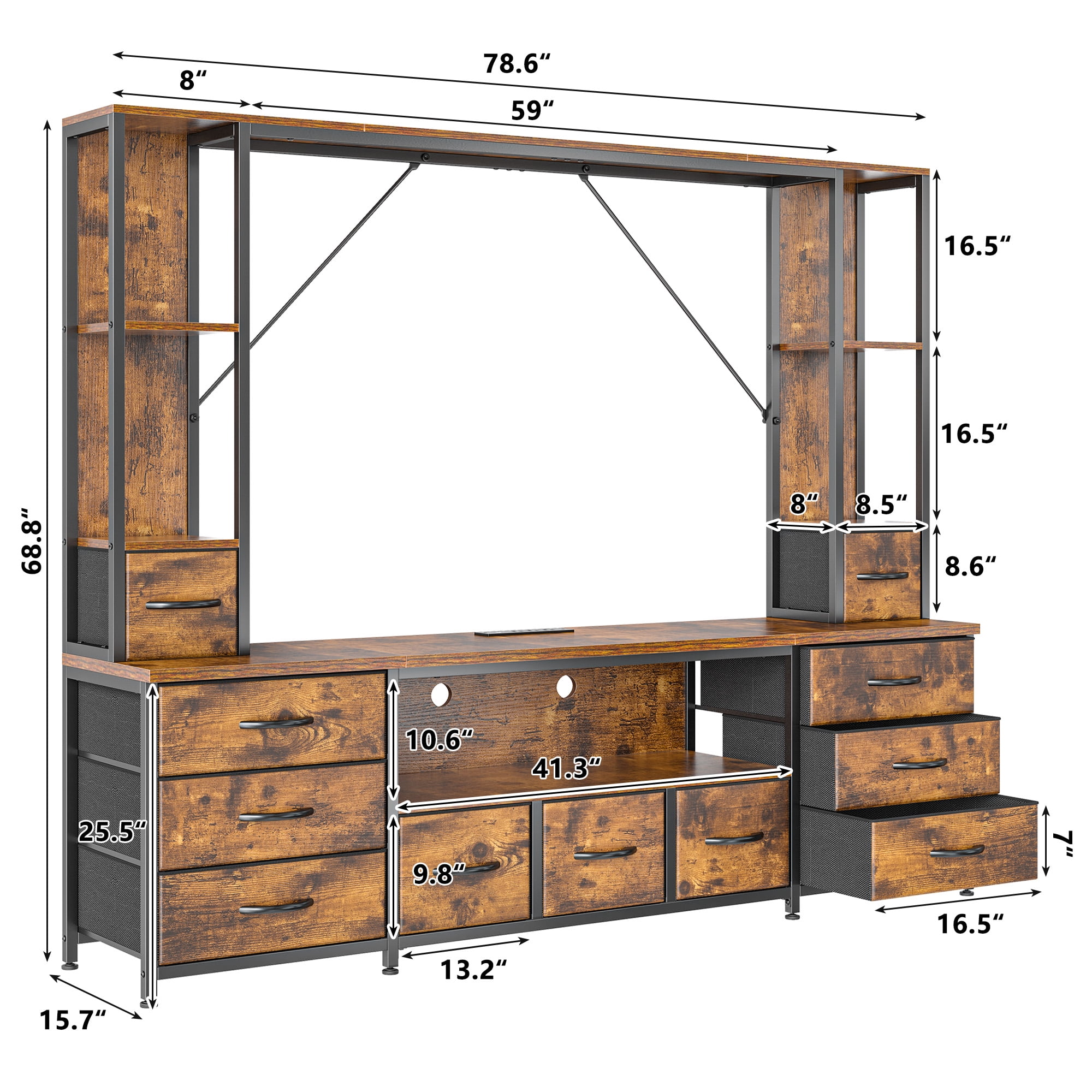 EnHomee Entertainment Wall Unit TV Stands with 11 Fabric Drawer Modern TV Console Table with Open Shelves for 65" TV Stand for Living Room,Brown