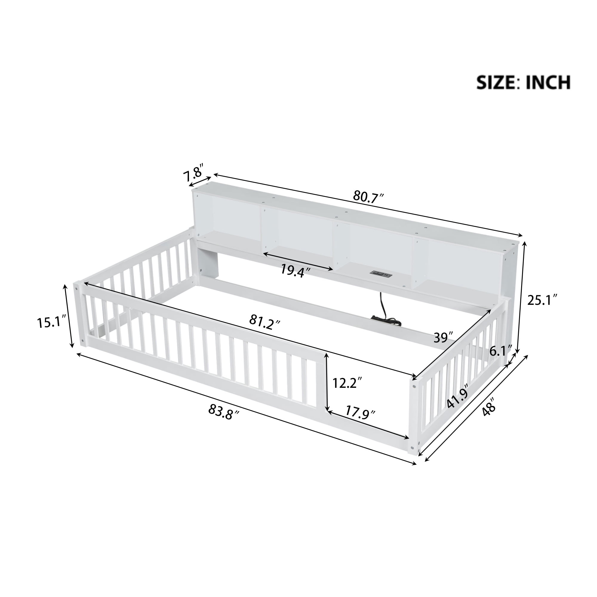 Euroco Wood Twin XL Floor Bed, Low Profile Daybed with Storage Shelves and USB Charging Station, White