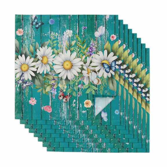 Spring Daisy Leaves Cloth Napkins, Vintage Watercolor Flowers Teal Wooden Washable and Reusable Dinner Napkins Set of 8, Table Napkin for Kitchen Party Birthday Wedding Hotel Housewarming 20"x20"