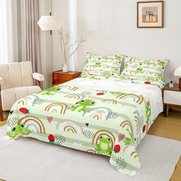 Manfei Retro Rainbow Twin Sheet Sets,Wild Animal Frog Twin Fitted Sheet,Red Strawberry Flat Sheet For Boys Kids,Lightweight Bedroom Decor,3-Piece