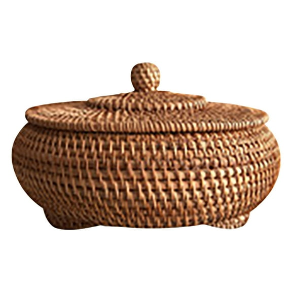XSCPXTT Round Rattan Boxes with Lid Hand-Woven Multi-Purpose Wicker Tray Picnic Food Bread Table Storage Basket ，Brown