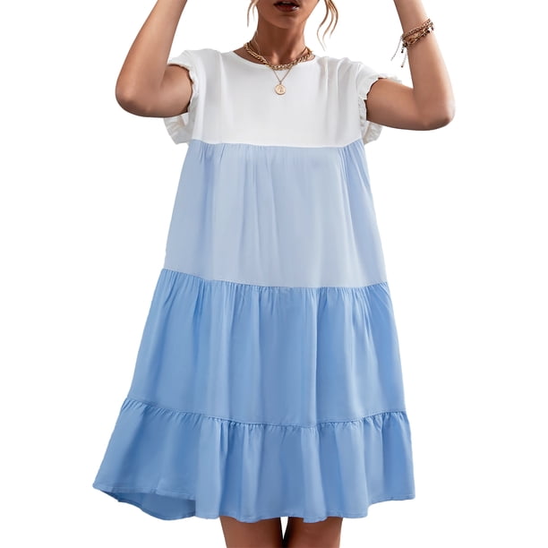 Vestido De Una Pieza Vestido De Color De Contraste Vestido De Niña Vestido De Verano Vestido De Empalme De Color En Contraste Vestido Clásico De Una Pieza Con Puños Con Volantes ANGGREK GB1711