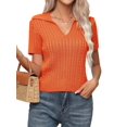 thumbnail image 2 of Women Short Sleeve Sweater Pullover Tops V Neck Knit Casual Soft Pullover Shirt Orange Red L, 2 of 9