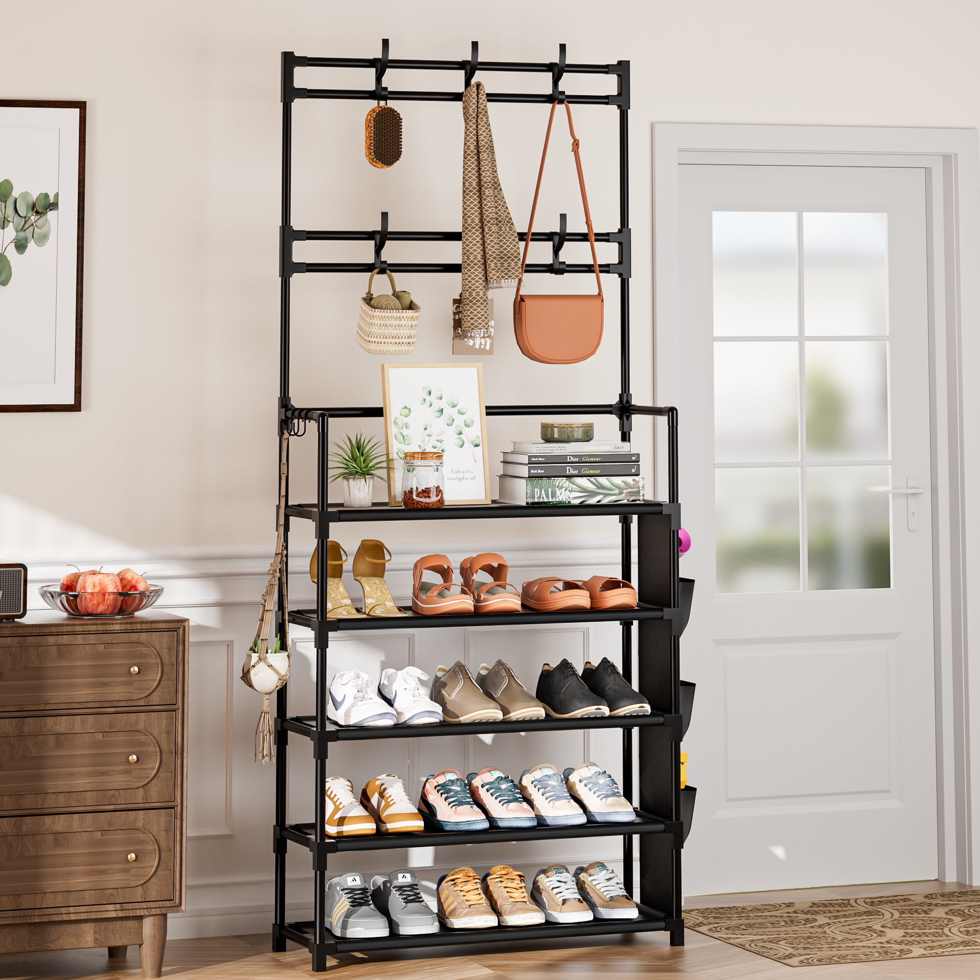 5 Tier Shoe Rack with Hooks and Side Pocket Storage 15-20 Pairs Shoe Rack for Closet Entrance Shoe Rack Organizer Entryway Shoe Holder Space Saving Free Standing Shoe Racks