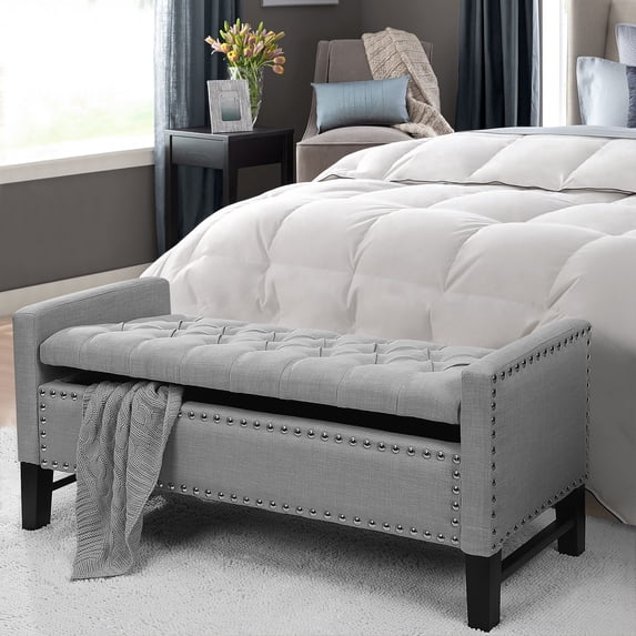Mathias Light Grey Linen Storage Bench - Button Tufted, Silver Nailhead Trim, Multi Position