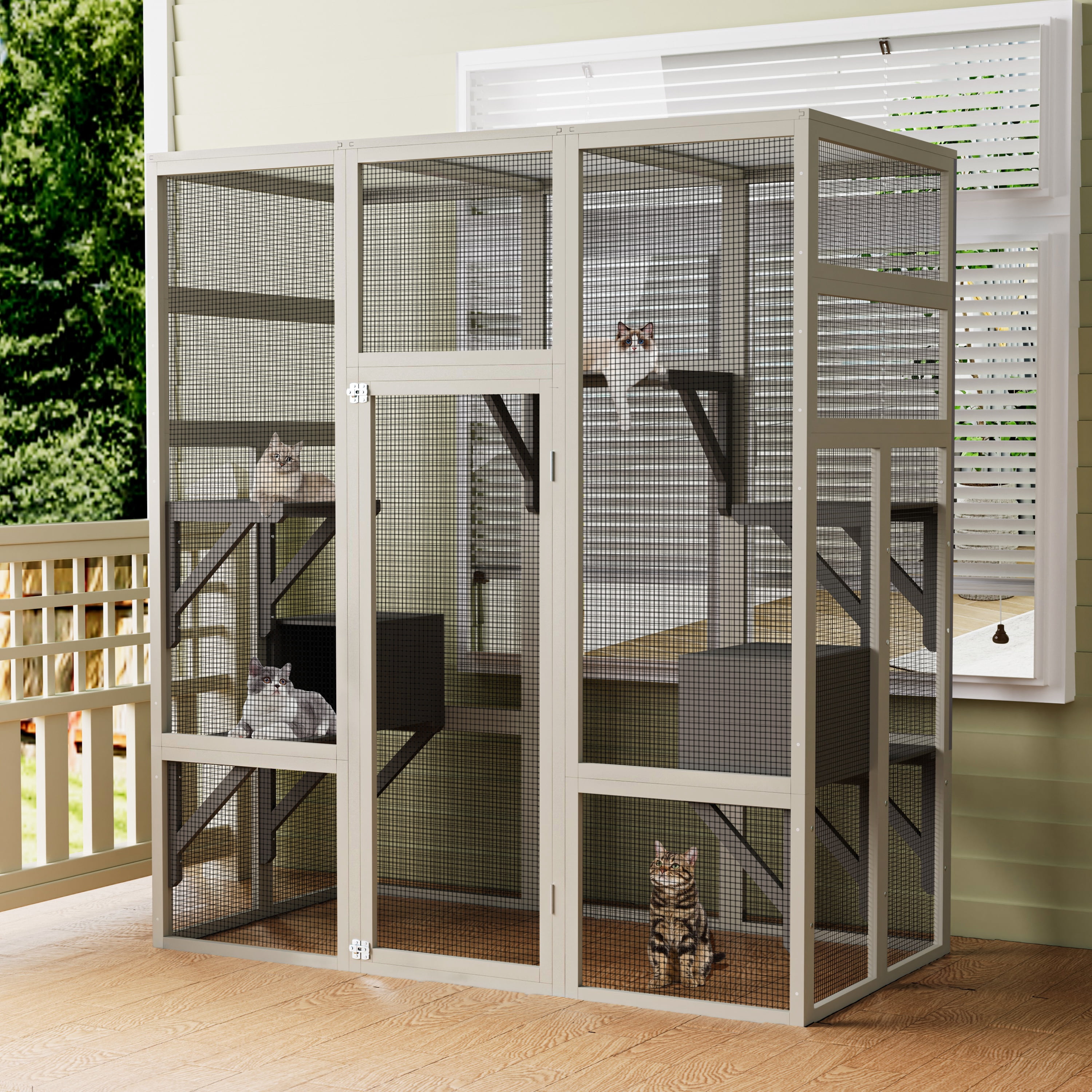 Catio Outdoor Cat Enclosure, large Indoor Wooden 70" Cat House cage with Waterproof Roof & Window Door for Multiple Cats, 2 Napping Houses & 5-Tier Playing Platforms, Gray
