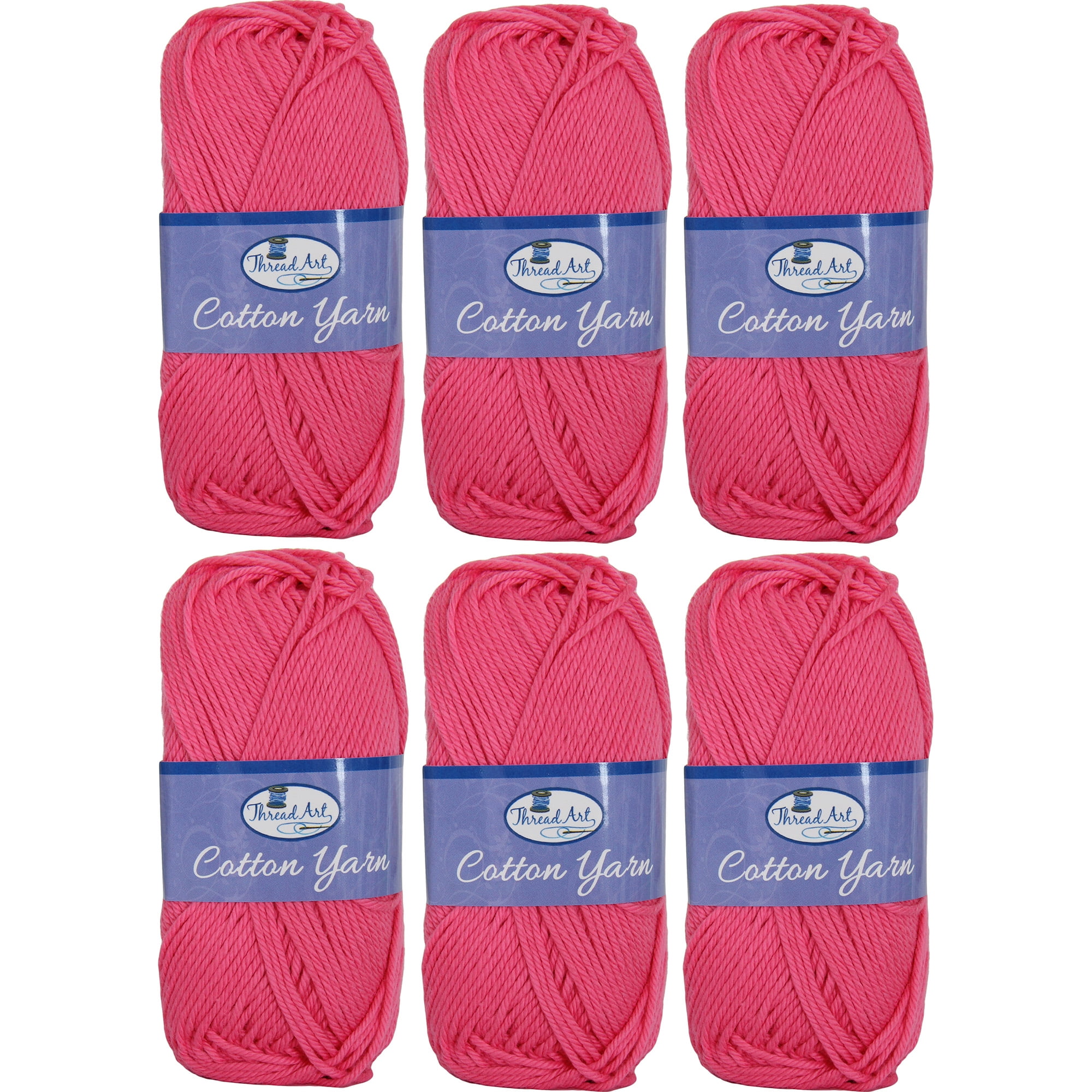 6 Pack of 100 Pure Cotton Crochet Yarn by Threadart Hot Pink 50 gram Skeins Worsted