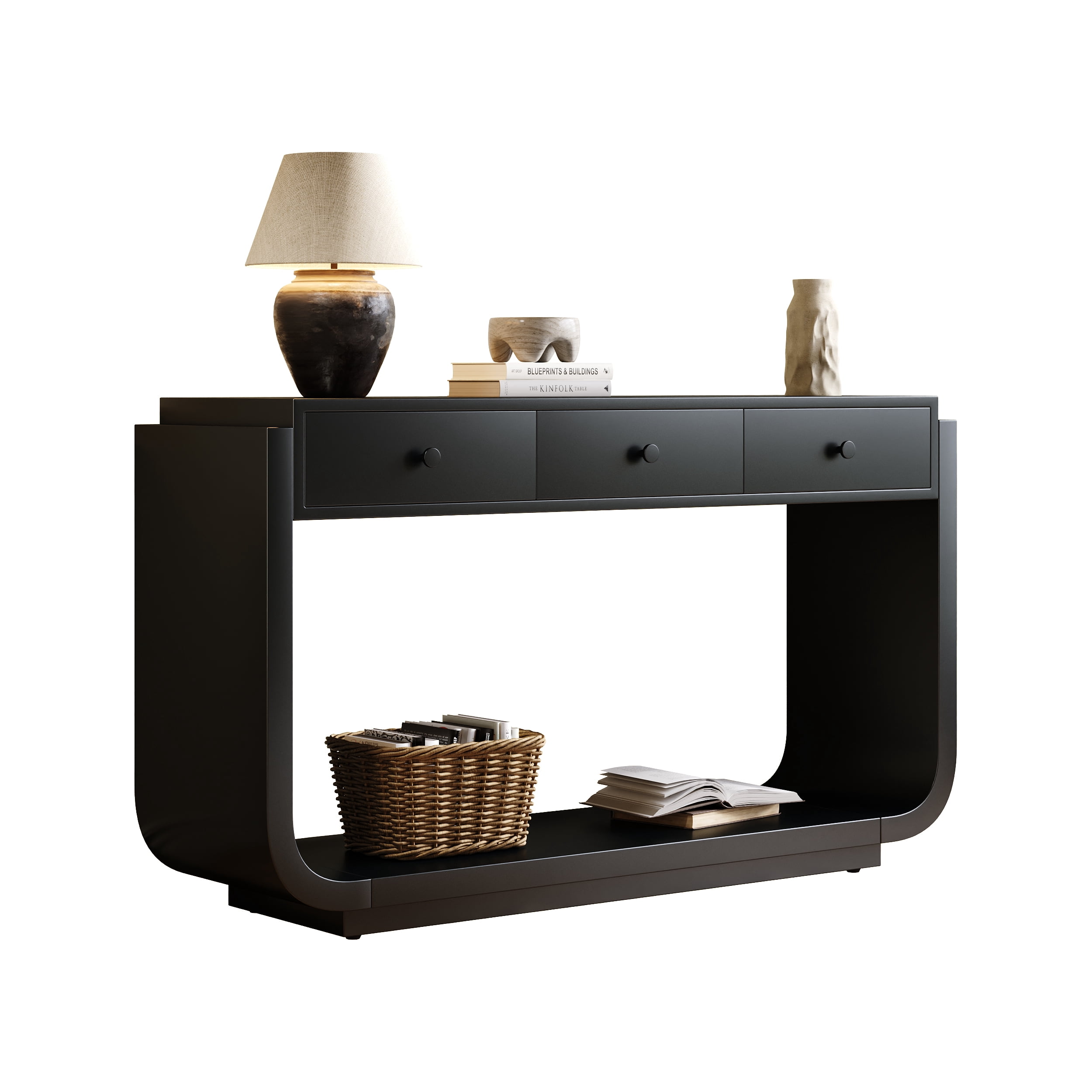 Mintazer Curved Rounded Console Table with Brushed Nickel Handles, Entryway Table with 3 Drawers & Open Bottom Shelf, Anti-Tip Sofa Table for Hallway Living Room Foyer, Beige