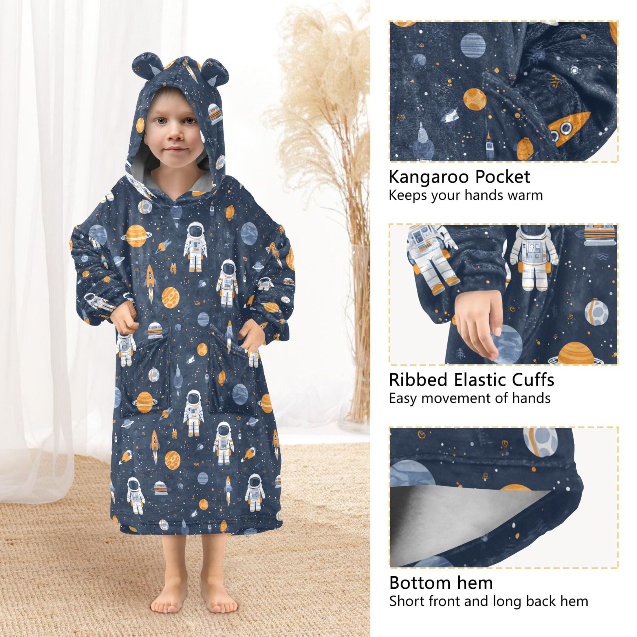 Wearable Blanket Hoodie for Kids Astronaut Star Flannel Hooded Blanket with Pockets and Sleeves Suitable for Boys and Girls