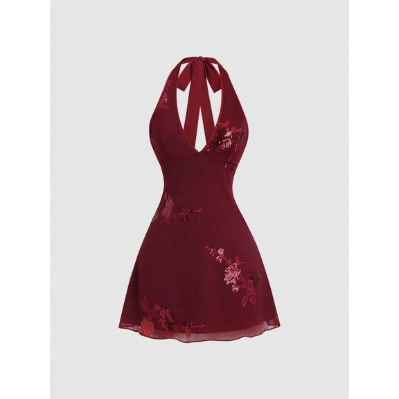 Red Sexy Chic Summer Sequin Embellished Halter V-Neck Waist Cinched Bodycon Mini Dress