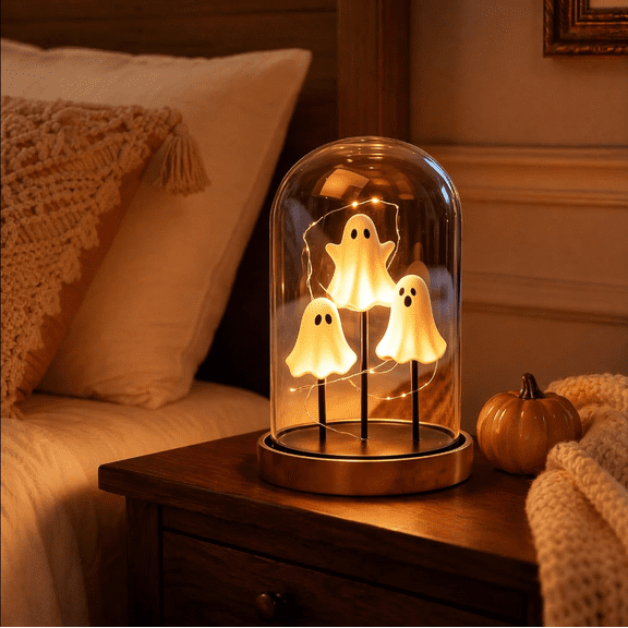 Halloween Eolstice Ghost Glass Cloche Night Light, 3 Mini Figurine Light Up Dome Lamp, Cute Spooky Tabletop Centerpiece for Home Room Festival Party Fireplace Indoor Desktop Decoration, 2PC