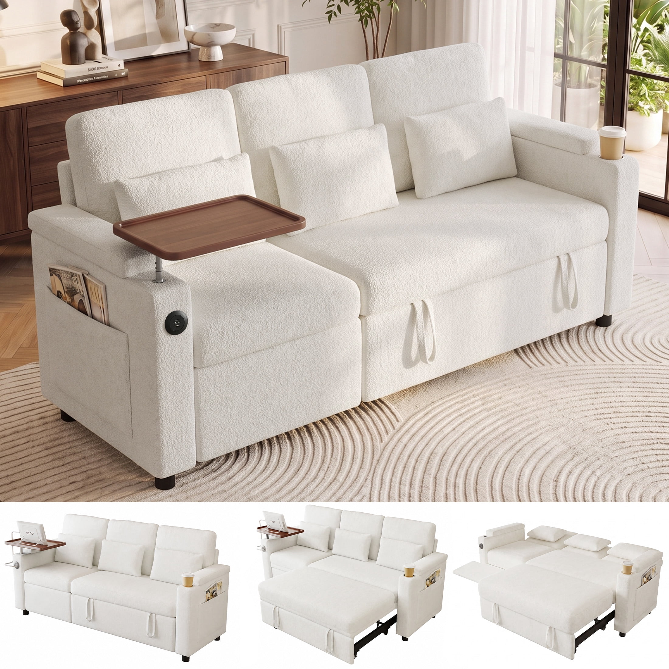 Aenkyo 81" 3-in-1 Convertible Sleeper Sofa with Pull Out Bed and Recliner, Adjustable Backrest, White