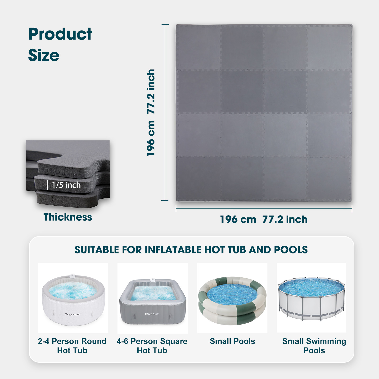 RELXTIME 1/5" Thickness Hot Tub Mat, Inflatable Hot Tub Thickened Pad Outdoor Indoor, Anti-Slip Reusable Extra Large Ground Mat, 77.2" x 77.2"