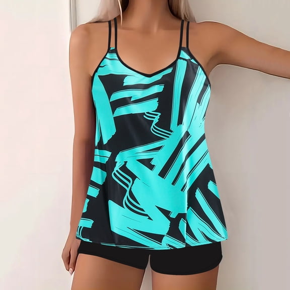 Karight Womens Tropical Leaf Print Tankini Swimsuit with Boyshort Bottom Racerback Straps Two Piece Bathing Suit Flowy Tummy Control Swimwear
