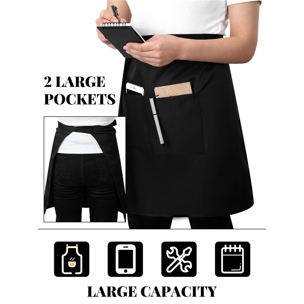 5 Pack Half Bistro Aprons with 2 Pockets Unisex Black Server Apron with Extra Long Front Waist Ties for Men Women