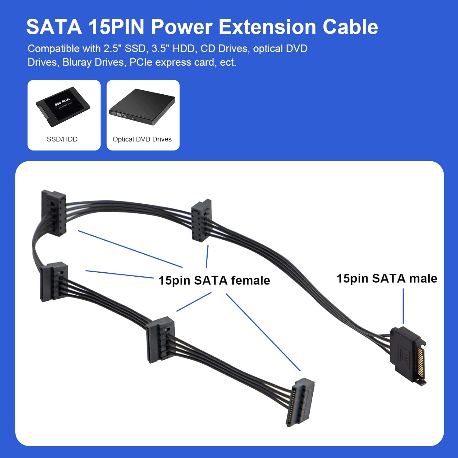 HRTGFD-2-Pack 15Pin SATA to 5 SATA Power Extension Cables Splitter for HDD/SSD - 21 Inches