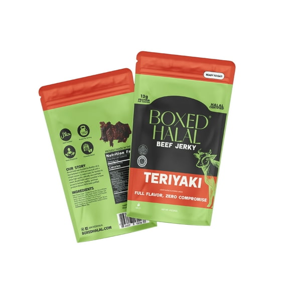 BOXED HALAL Premium 100% Grass-Fed Teriyaki Beef Jerky Strips, 13g Protein, , HFSAA Certified Halal, Keto Friendly Snack, 3 Oz. Bags (3 Pack)