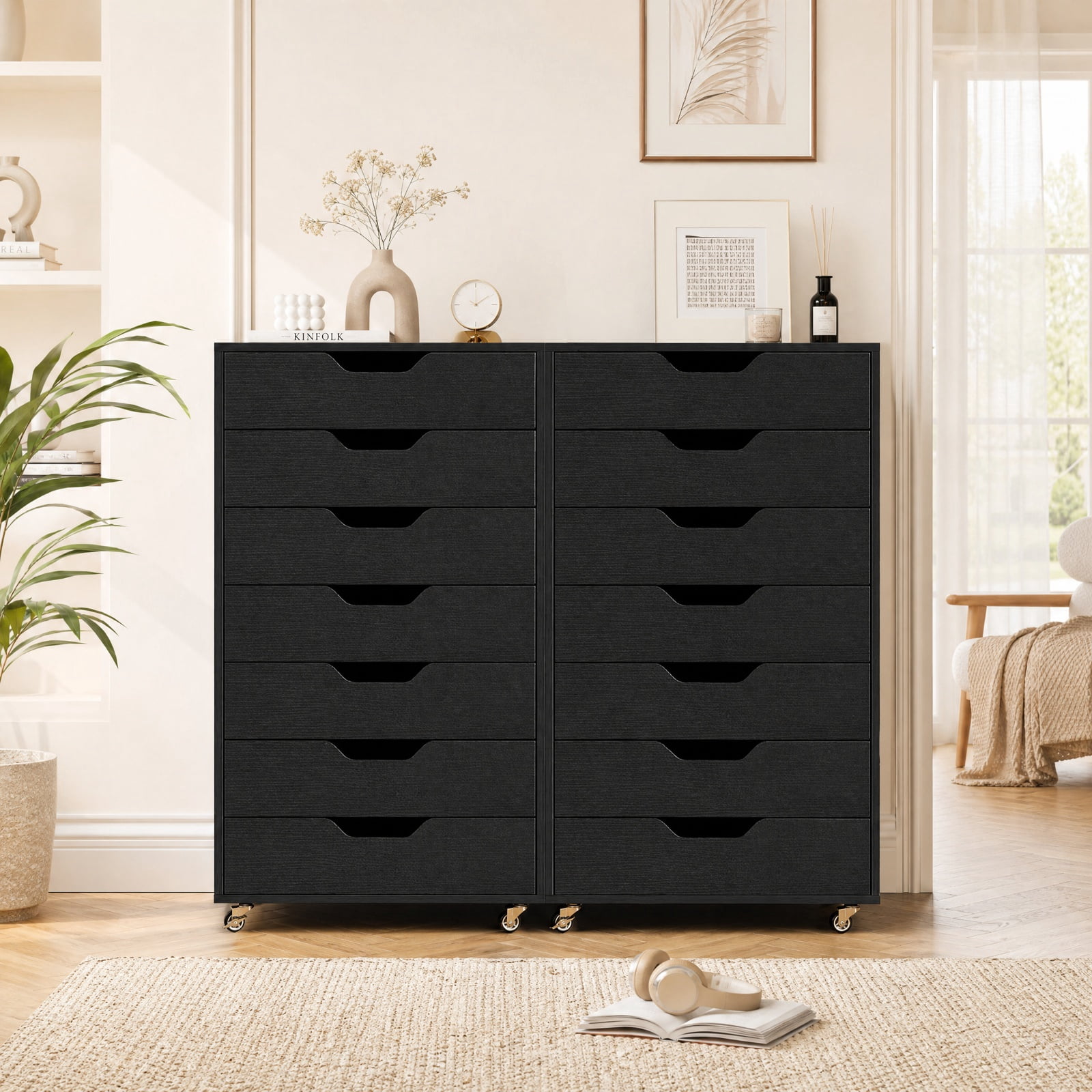 Furnibear 7-Drawer Chest Wooden Storage Dresser with Lockable Wheels for Home Office Filing Document Letter Legal Storage, Black