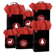 CELEBRATE NEXT 98Pack -Lumberjack Buffalo Plaid Rustic Black Assorted Gift Bags 30Queen 26Vogue 42Cub with Tissues Gifts Tags Decorative Stickers
