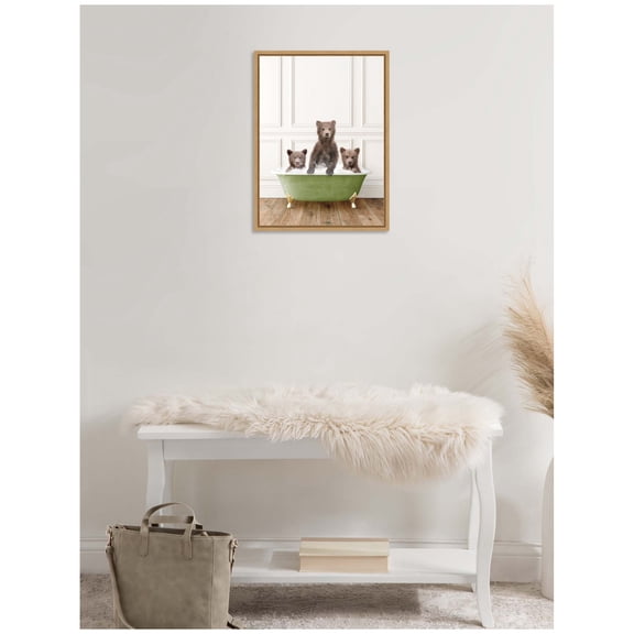 Kate and Laurel Three Bear Cubs in Transitional Bathtub Framed Canvas Wall Art by Amy Peterson 18 x 24 Sylvie Natural, Whimsical, Animals, Bathroom Art for Wall Decor, Living Room, Bedroom