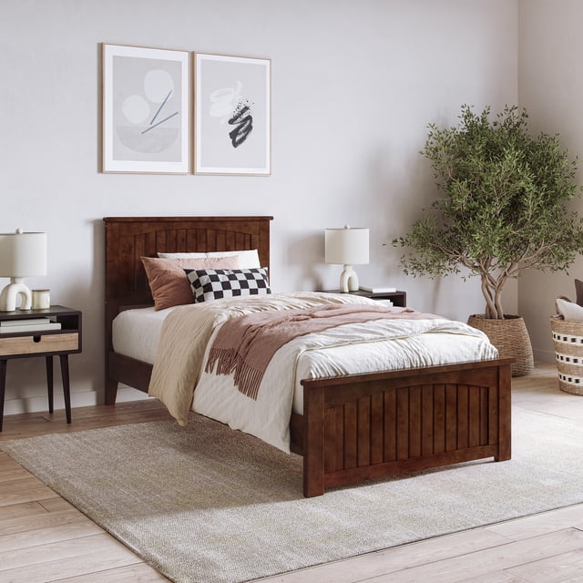 Naples Lit Plateforme Bas en Bois Simple TG avec Pied de Lit Assorti en Noyer