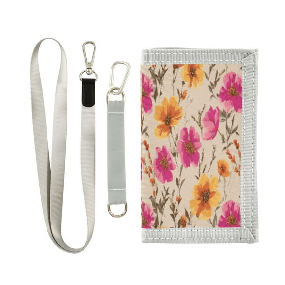 Cloth Wallet with Lanyard & Multiple Compartments Fashion Purse Zipper Clutch Bag for Cash Cards Coins Rustic and Romantic Wildflowers