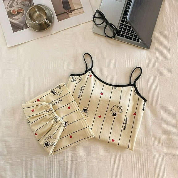 Sanrio Hello Kitty Sleeveless Suspender Pajamas Summer Shorts Breathable with Chest Pad Women's Clothing Home Sexy Pajamas Set