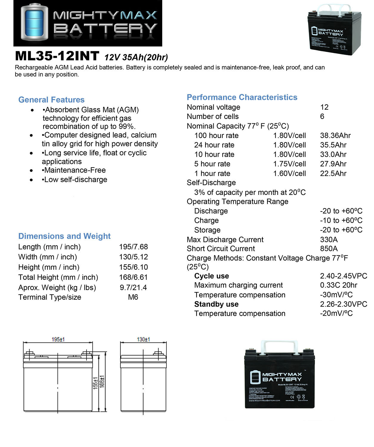 12V 35AH SLA Internal Thread Battery for Pride Dynamo/Jazzy/Jet 3/7