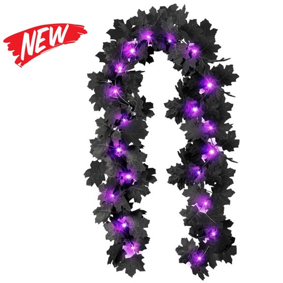 Halloween Decorations Savings, Halloween Maple Leaf Vine Light, 36 LED Light Up Black Maple Leaves with Purple Lights, Battery Operated 175cm String Lights for Halloween Decorations Indoor Outdoor