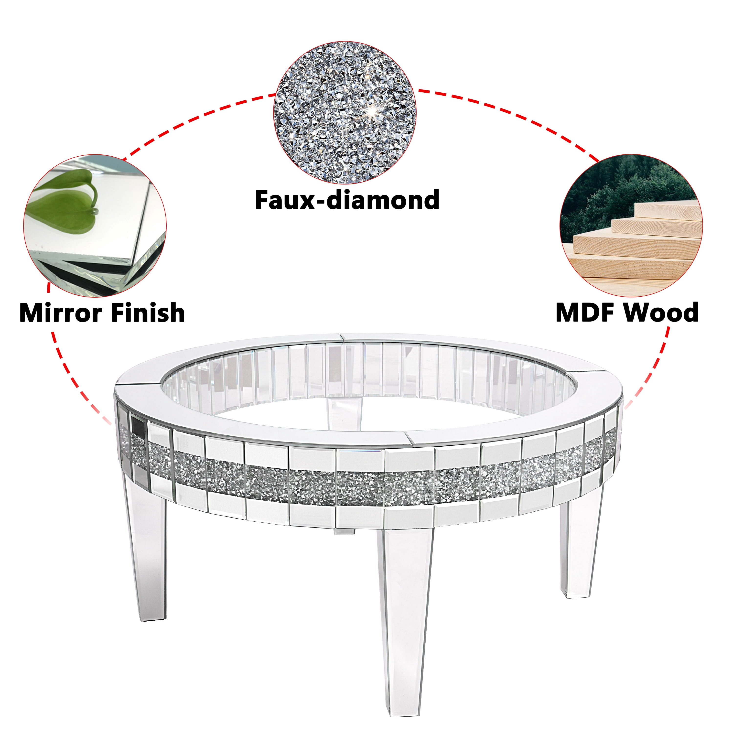 35.5'' Round Glass Top Coffee Table with Crystal Inlay Modern Round Coffee Table Silver Accent Table for Living Room Decor