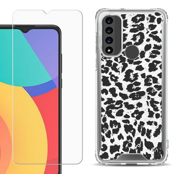 Shockproof Bumper Phone Case for TCL 20 XE, with Tempered Glass Screen Protector, by OneToughShield ® - Cheetah B/W