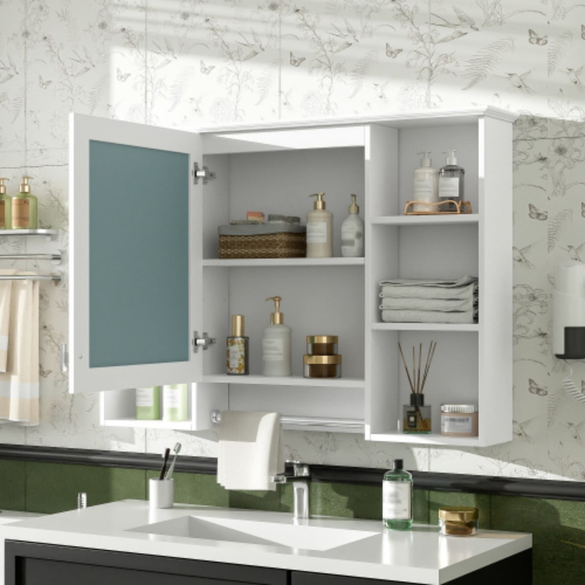 41" Bathroom Mirror Cabinet, 3-in-1 Wall Mounted Medicine Cabinet with Adjustable Shelf, Soft Close Door, High Definition Mirror & Towel Bar for Bathroom Vanity, White