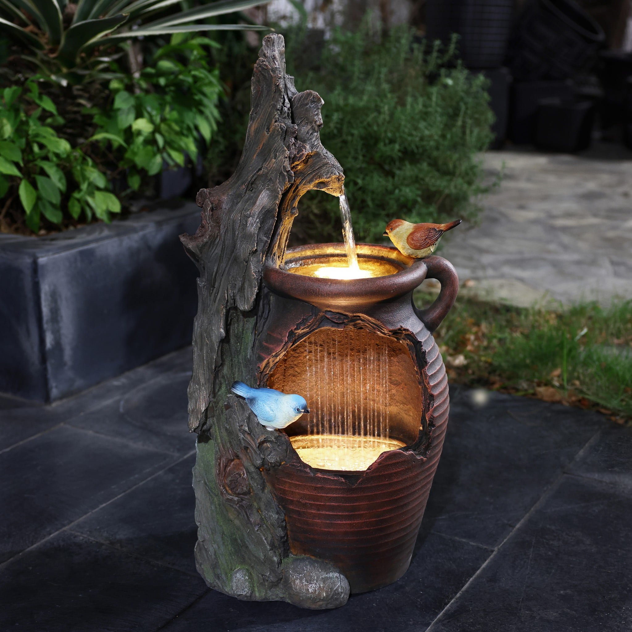 LuxenHome Rain Barrel with Tree and Birds 2.5-Feet Tall Outdoor Polyresin Fountains with Light