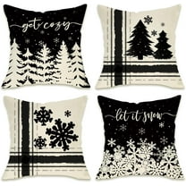 Winter Snowflake Decorative Throw Pillow Covers 20x20 Set of 4, Let It Snow Christmas Pine Tree Black Outdoor Pillowcase, Get Cozy Seasonal Holiday Farmhouse Cushion Case Home Decor