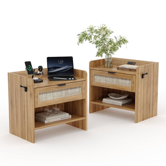 Rattan Nightstand Set of 2. bed side Table. Night Stand with Type-C Charging Station. 1 Storage Drawer. and Open Storage Space