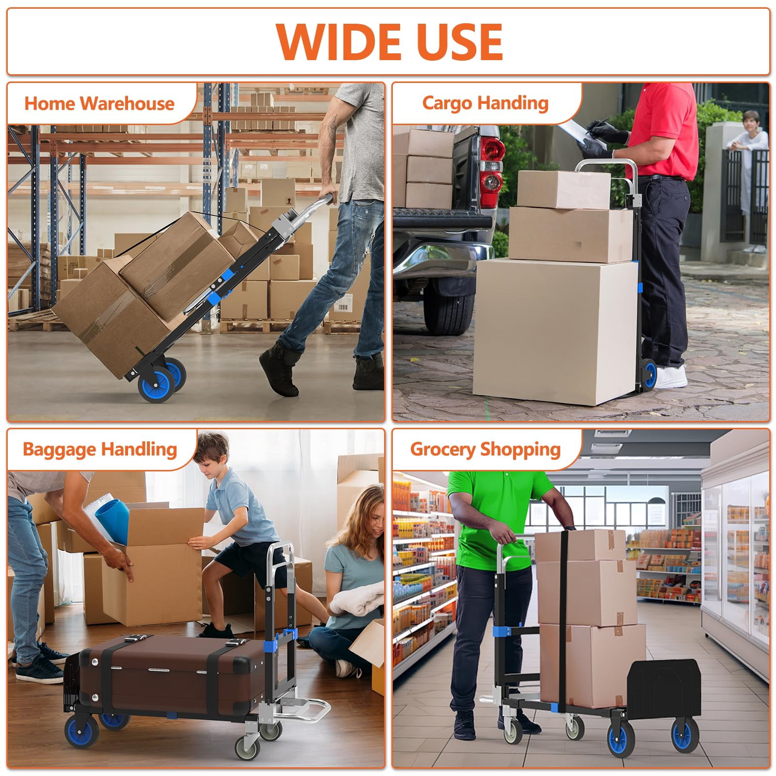 3-in-1 Heavy Duty Folding Dolly, Convertible Hand Truck Portable Steel with Telescopic Handle & Dolly Cart with Rubber Wheels, 580LB Capacity,Blue