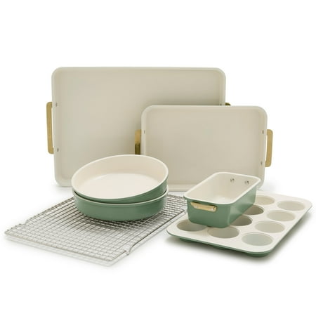 GreenPan Bakeware Set, 7 Piece Nonstick Ceramic Baking Sheets, Cake Pans, Loaf Pan, Muffin Tin, Cooling Rack, Green