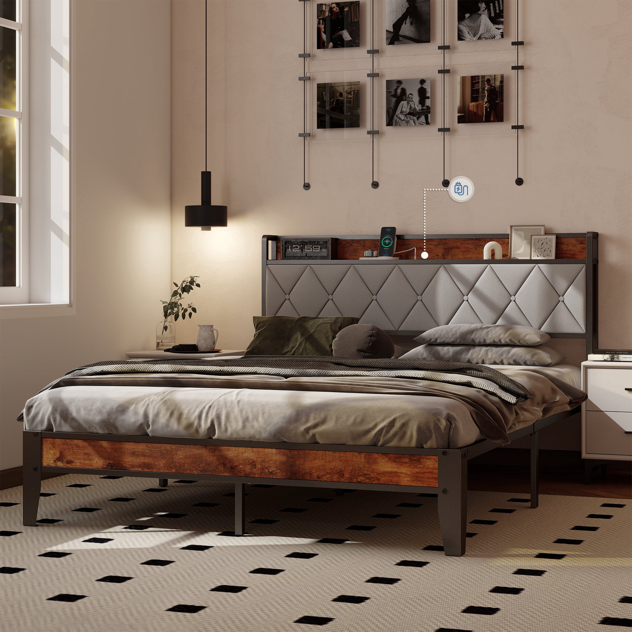 CONCETTA Queen Bed Frame, Heavy Duty Metal, Storage Headboard with Charging Station, Noise Free, No Spring Box Required, 880lbs Capacity